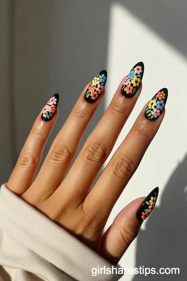 Almond Black Nails with Colorful Mixed Floral Bouquets