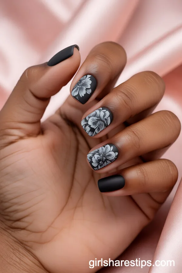 Short Matte Black Square Nails with White Floral Patterns