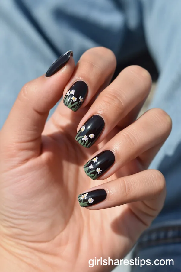 Wildflower Meadow Tips on Glossy Black Squoval Nails