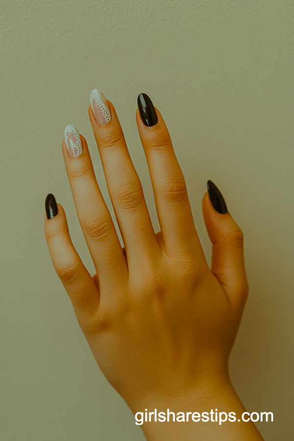 Almond Black Nails with White Lace Pattern