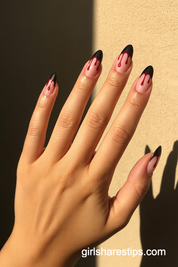 Almond Black Nails with Red Bloody Drip