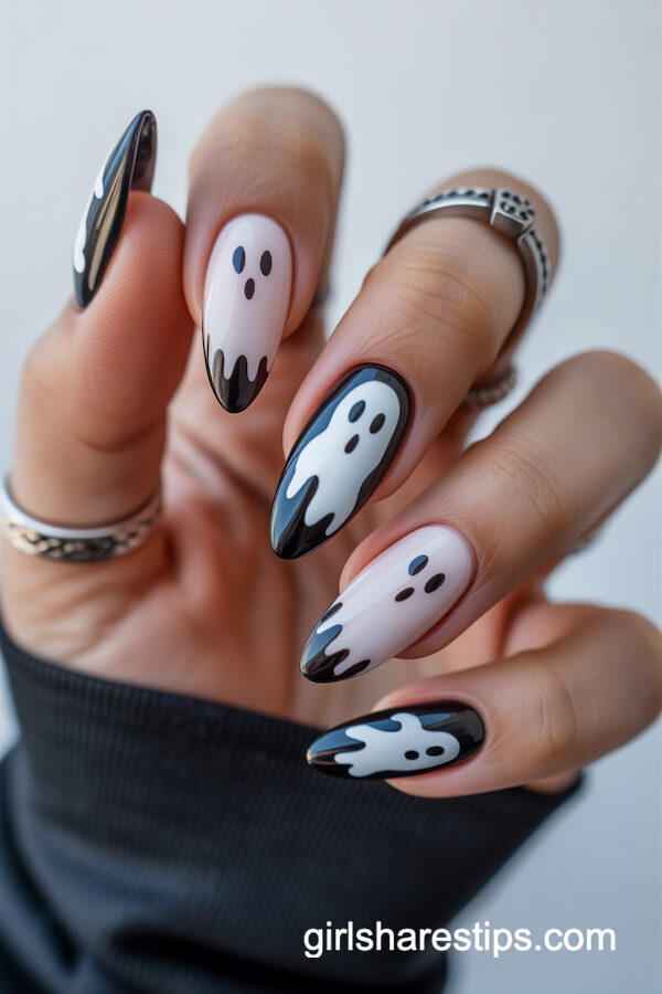 Stiletto White Nails with Cute Ghost Design