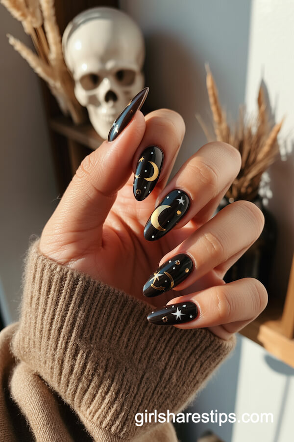 Almond Black Nails with Gold Celestial Design