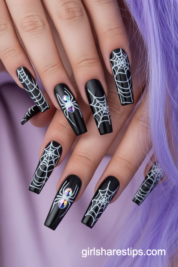 Coffin Black Nails with Spider Web and Spider