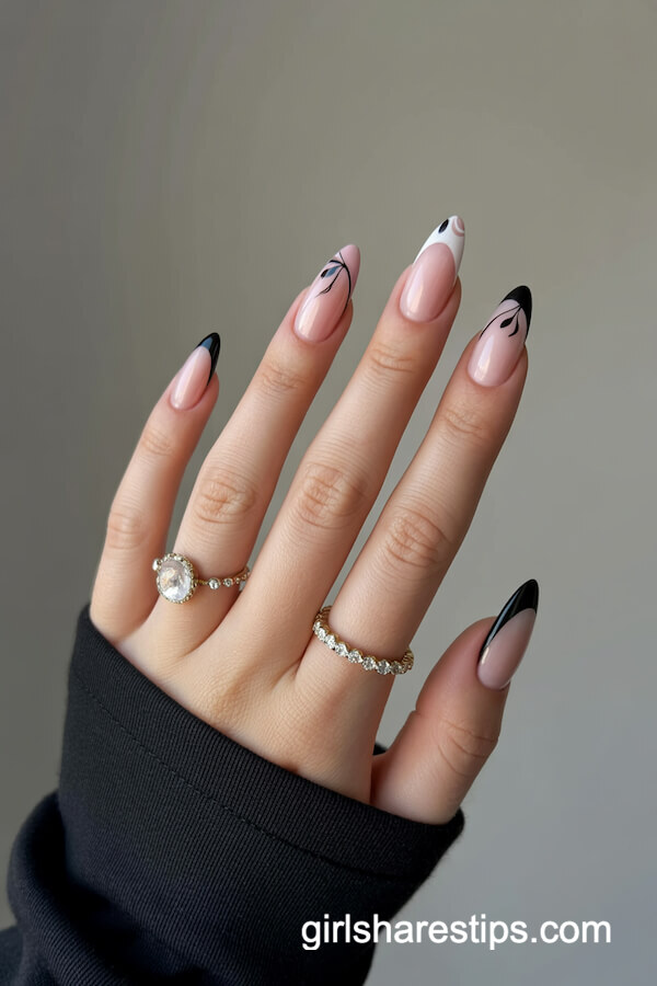 Stiletto Gradient Nails with Black Florals