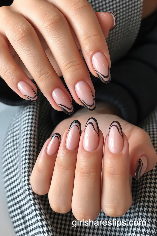 Almond Nude Nails with Black Wave Design
