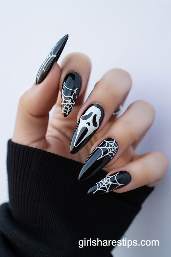 Stiletto Black Nails with Scream Mask Silhouette