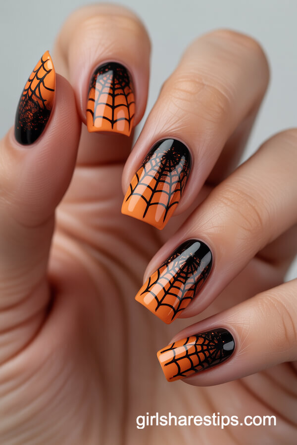 Almond Gradient Nails with Black Spider Web