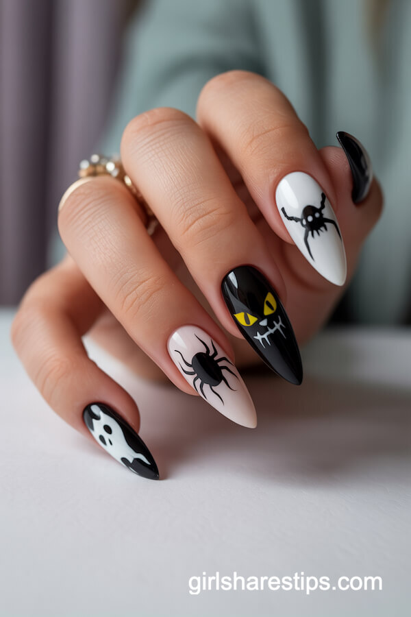 Stiletto Black and White Nails with Spooky Designs
