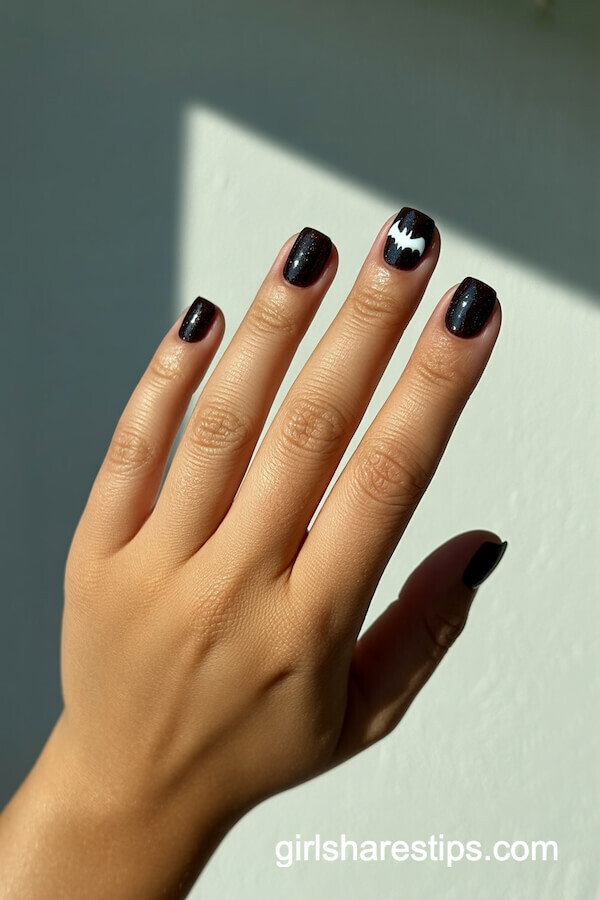 Sparkly Black Square Nails with White Bat