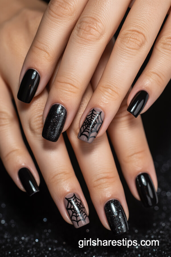 Coffin Black Glitter Nails with Spider Web