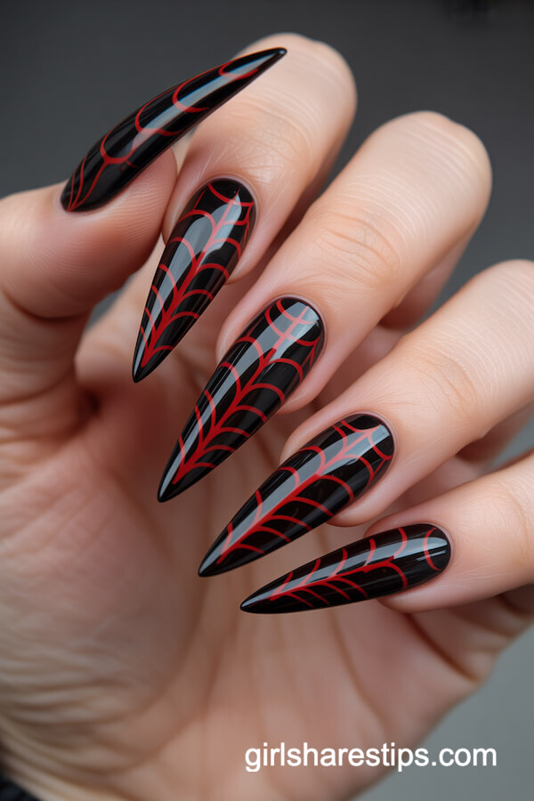 Stiletto Black Nails with Red Spider Web