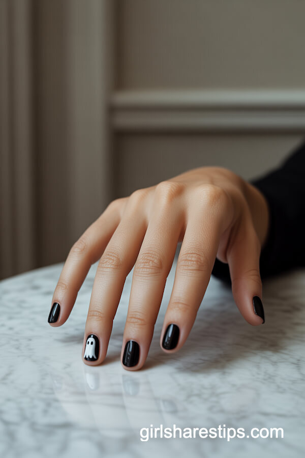 Short Black Round Nails with White Ghost