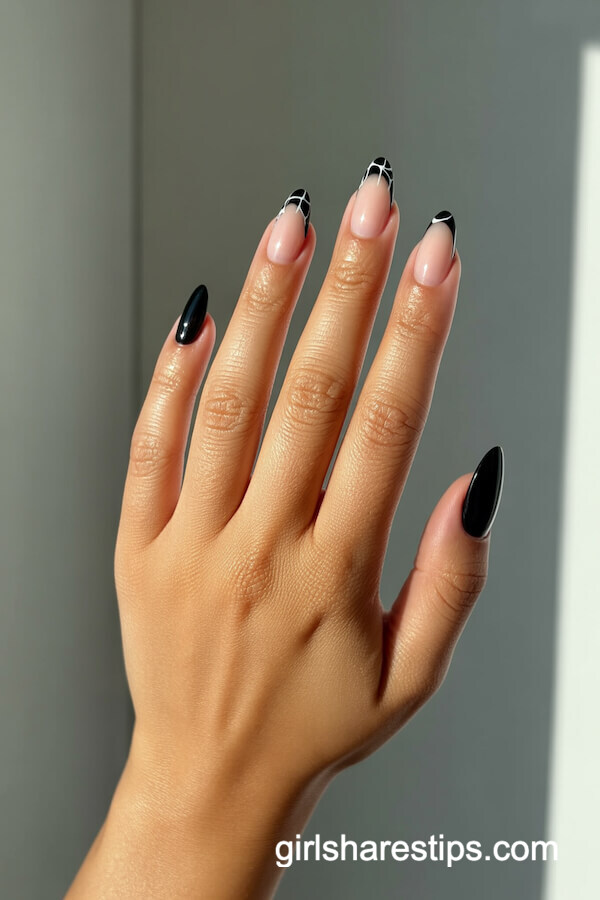 Almond Black Nails with Spider Web Tips