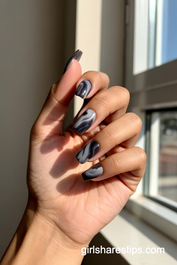 Coffin Black and Gray Marble Nails