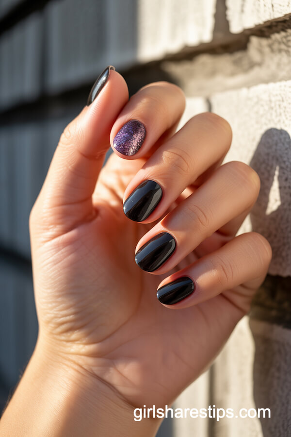 Short Oval Black Nails with Purple Glitter Fade