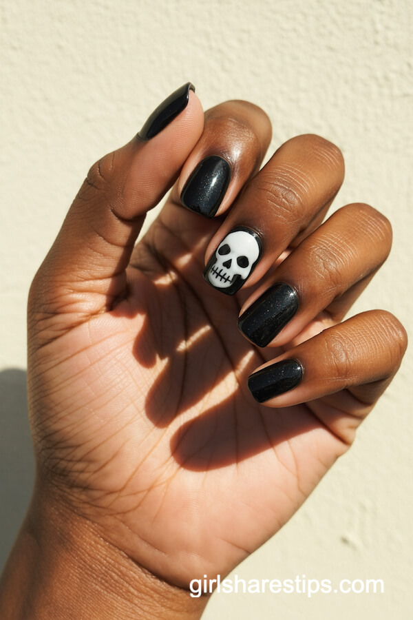 Square Black Shimmer Nails with White Skull