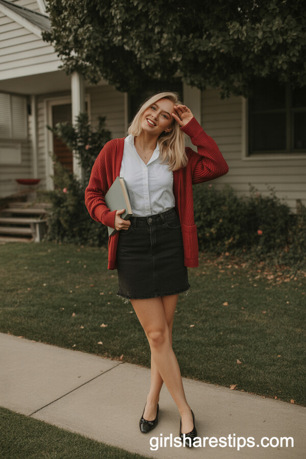 Collegiate Cute: Black Jean Skirt with Cardigan and Flats