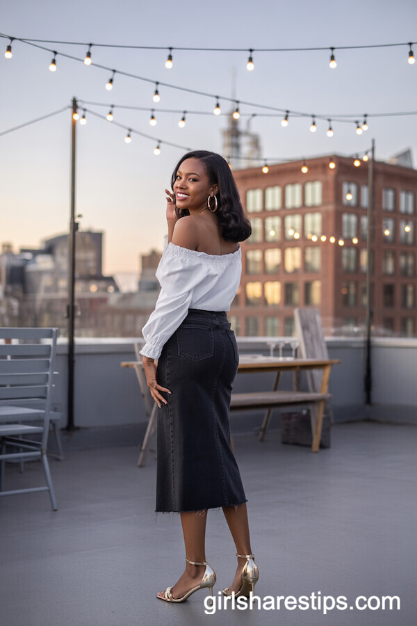 Romantic Rooftop Look: Off-Shoulder Blouse and Gold Heels