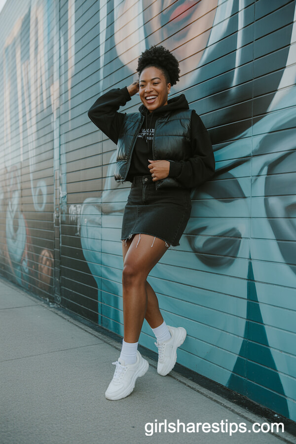 Street Style Statement: Hoodie, Puffer Vest, and Chunky Sneakers