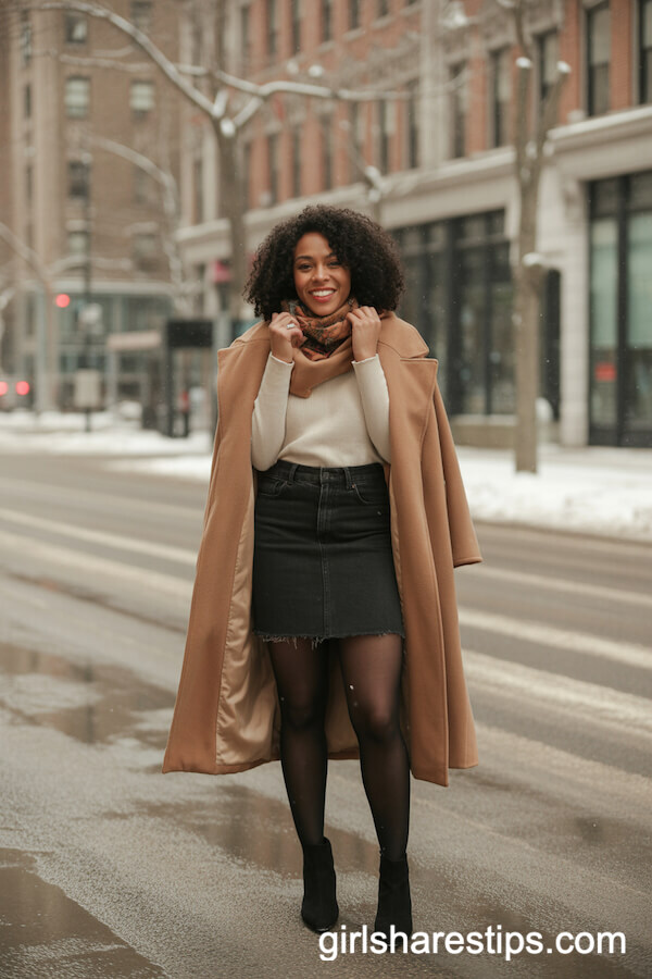 Winter Street Style: Tights, Camel Coat, and Suede Booties