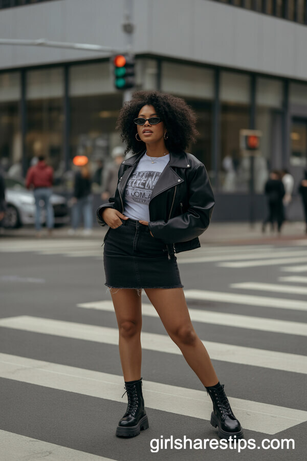 Edgy Urban Look: Black Leather Jacket and Combat Boots