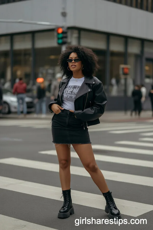 Edgy Urban Look: Black Leather Jacket and Combat Boots