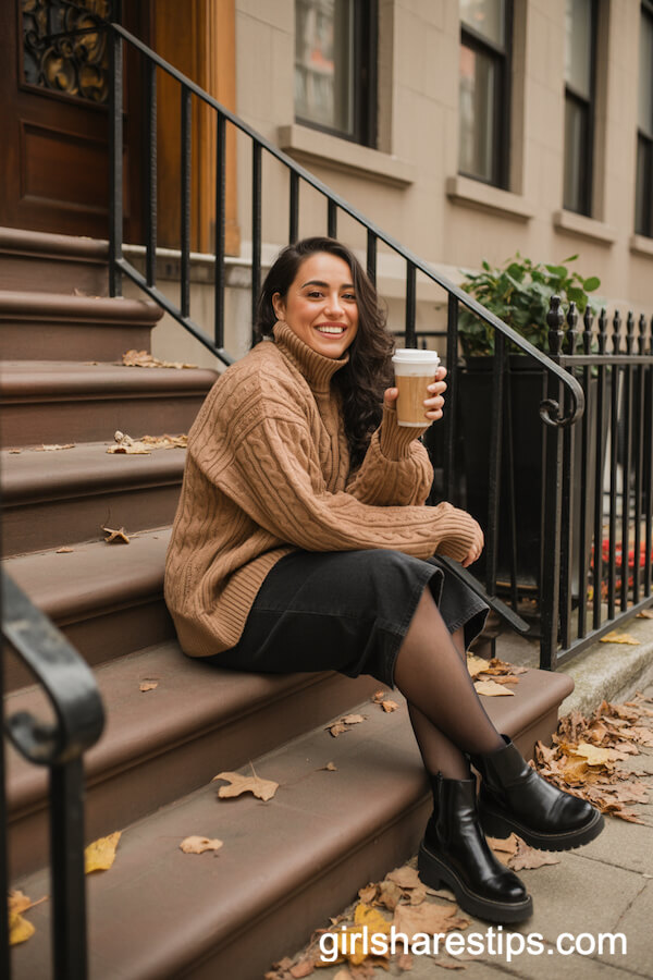 Cozy Autumn Outfit: Cable-Knit Sweater and Ankle Boots