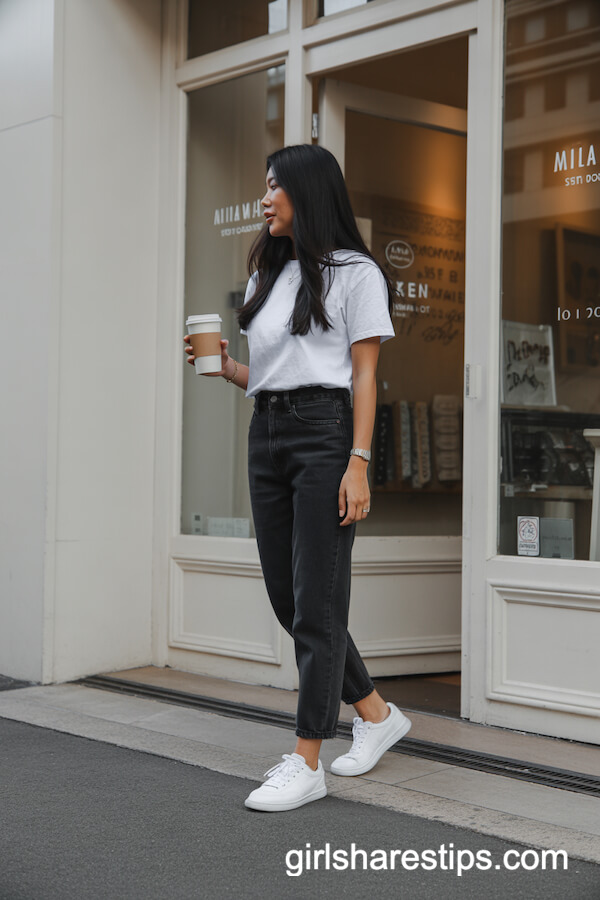 White T-Shirt with High-Rise Black Jeans
