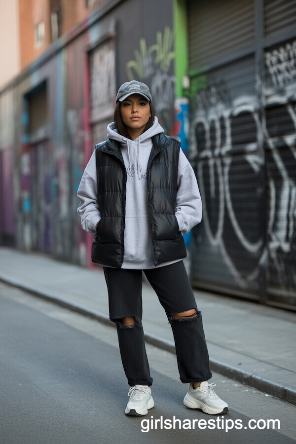 Puffer Vest with Distressed Black Jeans