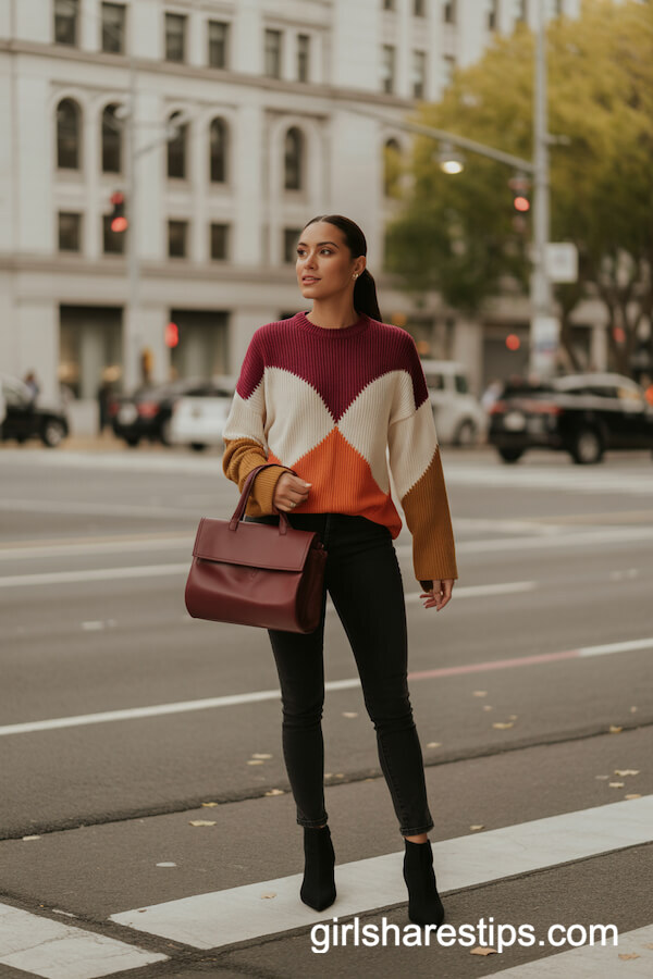 Color-Blocked Knit Sweater with Black Skinny Jeans