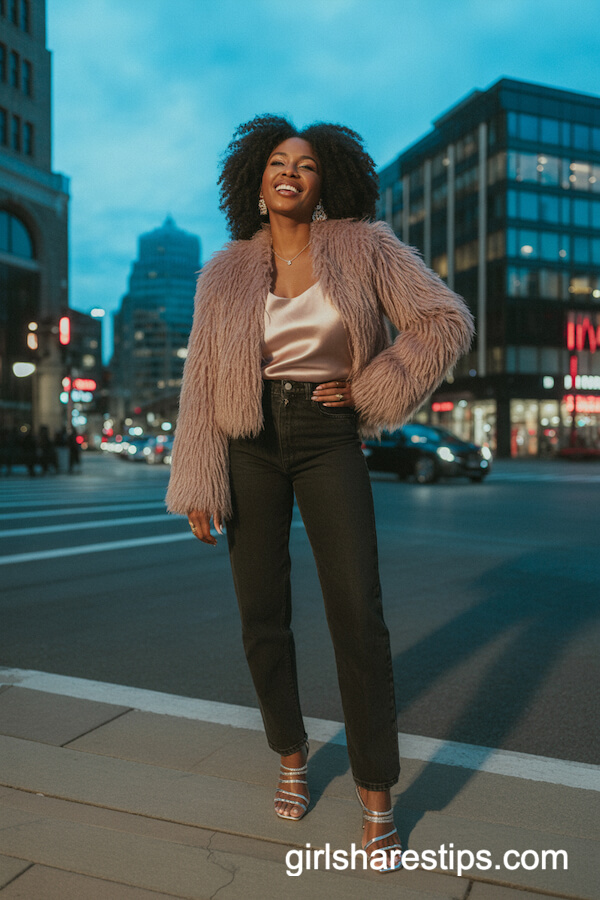 Faux Fur Jacket with High-Waisted Black Jeans