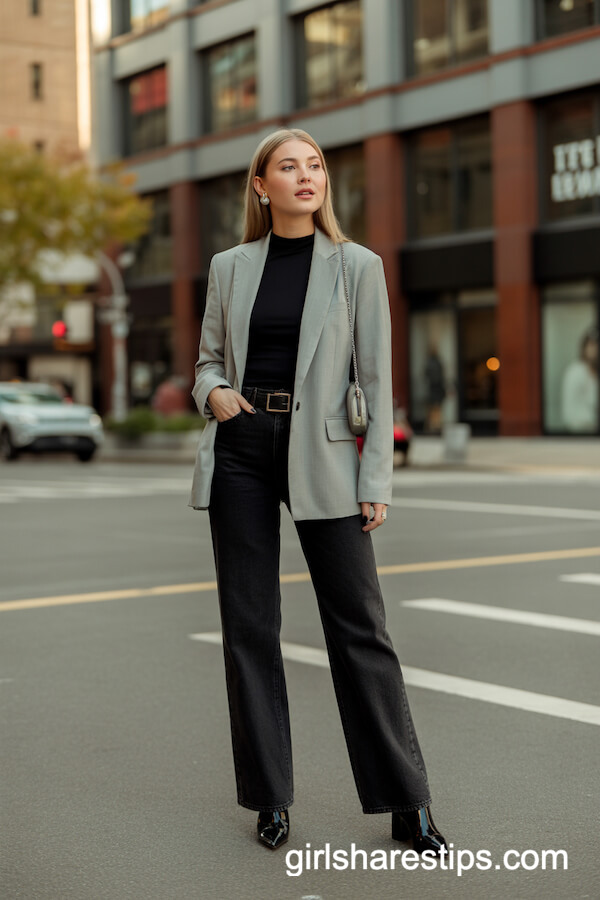 Gray Blazer with Wide Leg Black Jeans