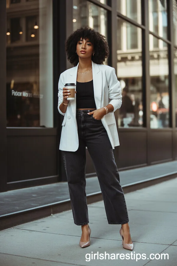 High-Waisted Black Jeans and White Blazer Power Look