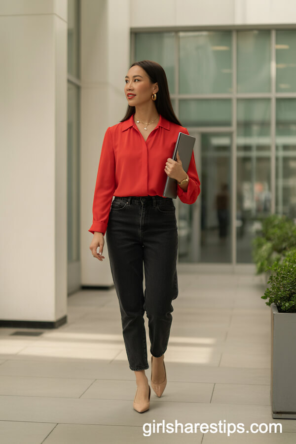 Tailored Black Jeans Paired with a Red Blouse
