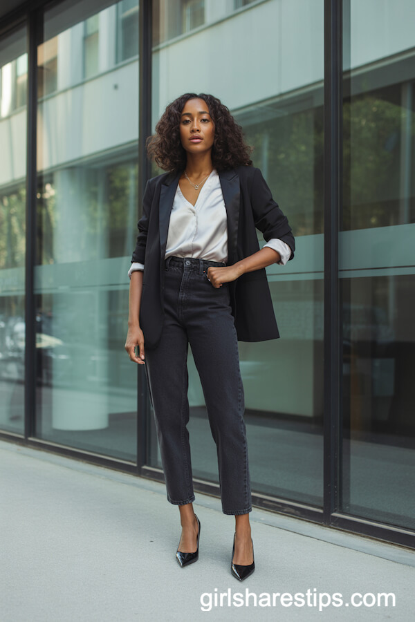 Tailored Black Jeans with a Black Blazer and Satin Blouse