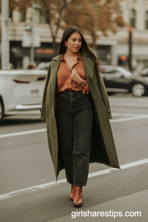 High-Waisted Black Jeans with a Trench and Burnt Orange Blouse