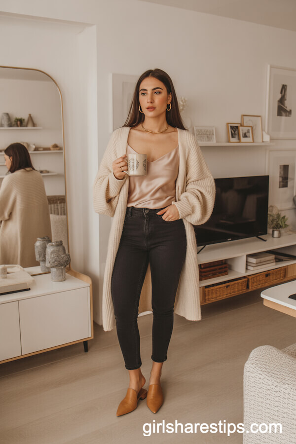 Fitted Black Jeans, Satin Camisole, Cream Cardigan