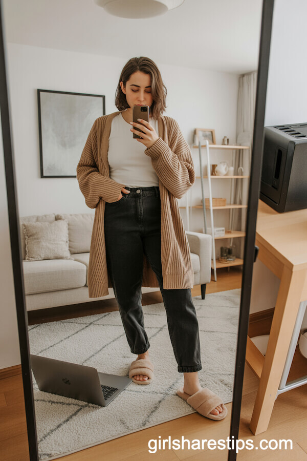 Relaxed Black Mom Jeans with a Cozy Cardigan