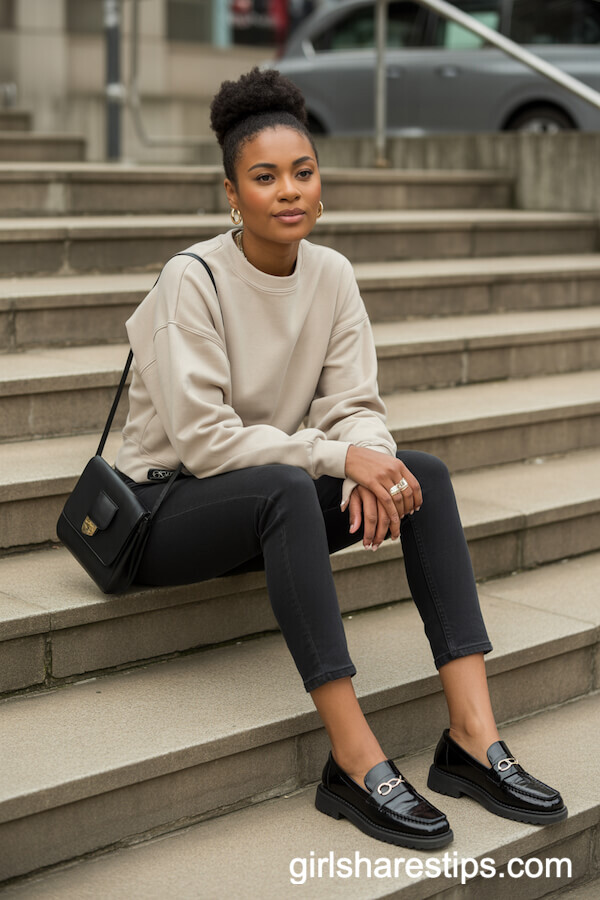 Cropped Black Jeans with a Cream Sweatshirt and Loafers