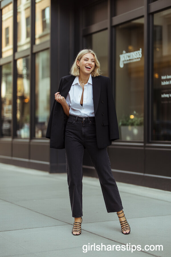 Black Straight-Leg Jeans, White Shirt, Tailored Waistcoat