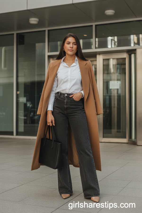 Straight-Leg Black Jeans Styled with a Camel Coat and White Shirt