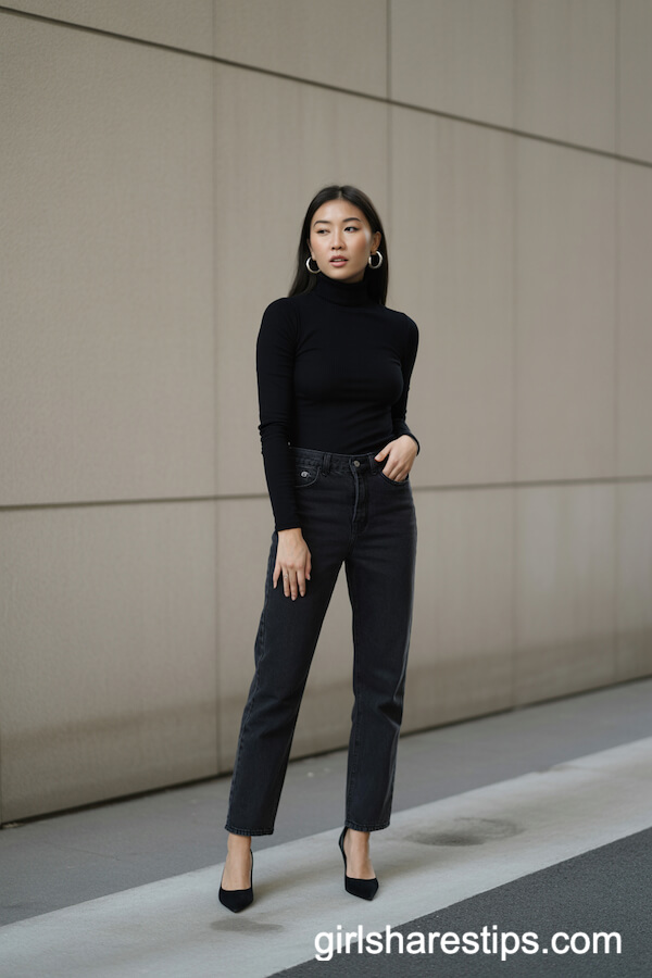 Monochrome Black Jeans and Turtleneck Chic