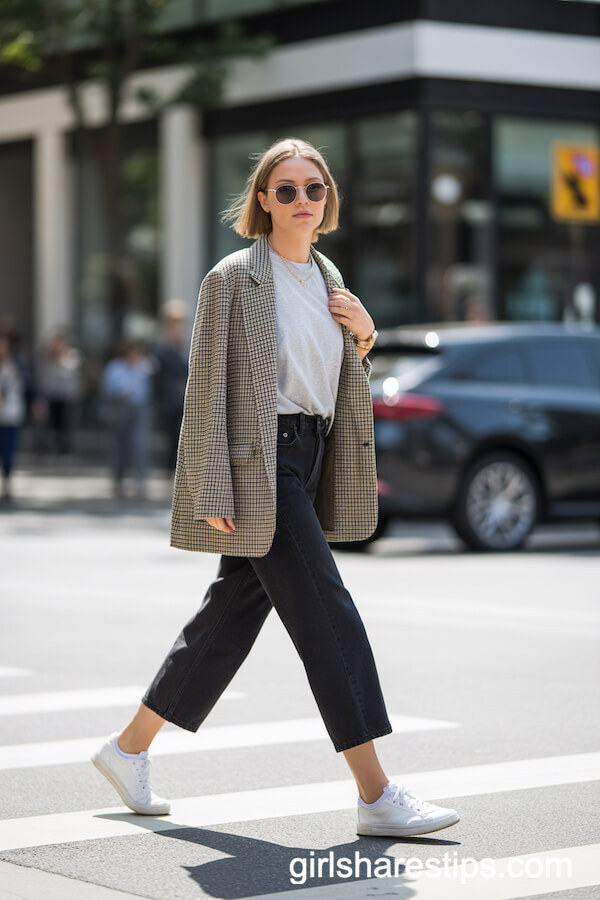 Cropped Black Jeans with a Checkered Blazer and Sneakers
