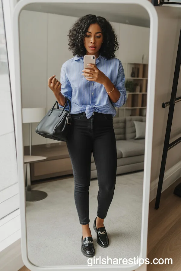 Black Skinny Jeans with a Striped Blouse and Loafers