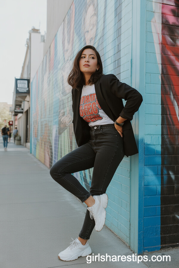 Black Slim Jeans with Bold Graphic Tee and Blazer
