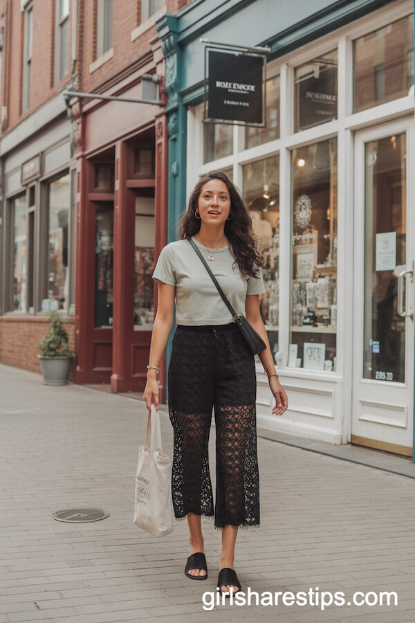 Pastel T-Shirt with Black Lace Cropped Wide Leg Pants
