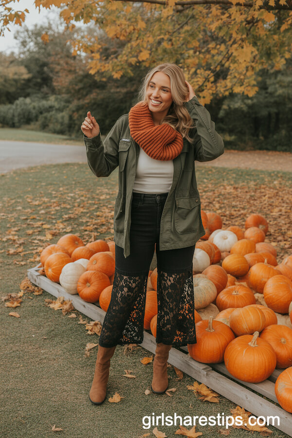 Olive Green Utility Jacket with Black Wide Leg Lace Pants