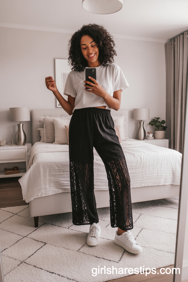 Relaxed White Tee with Wide Leg Black Lace Pants