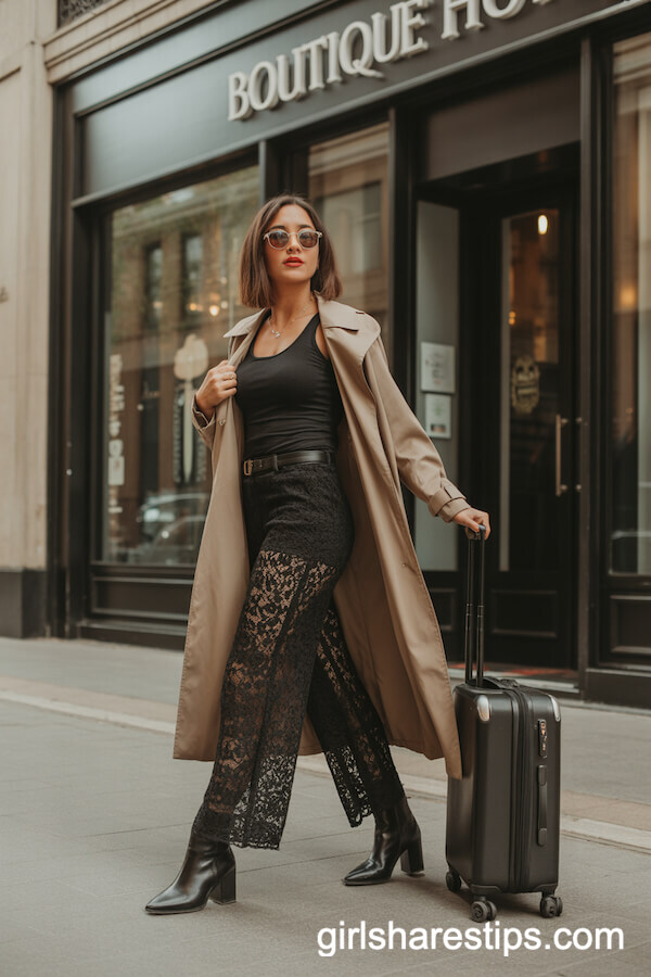 Beige Long Trench Coat with Black Wide Leg Lace Pants